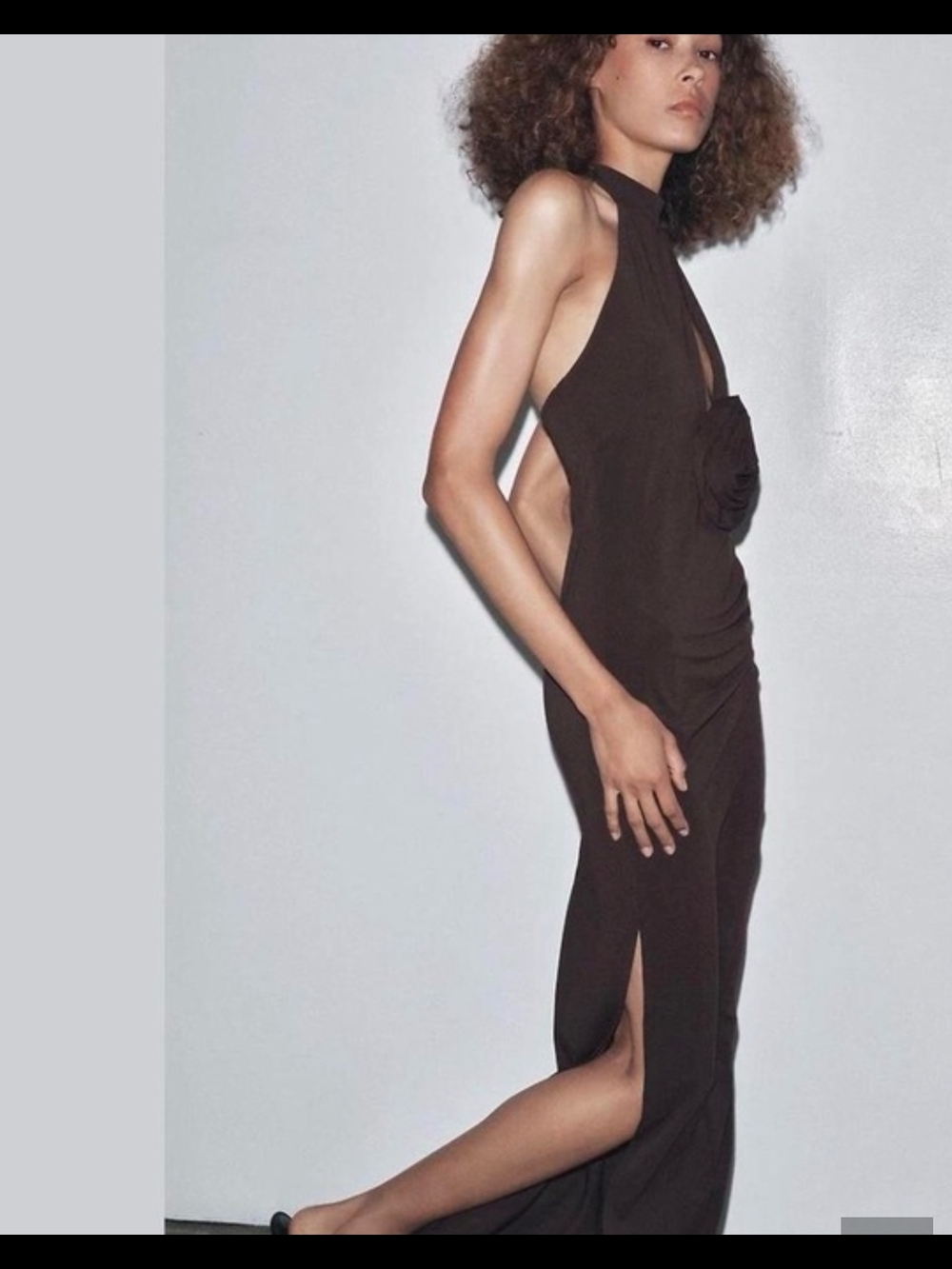 Zara Brown Backless Halter Maxi Dress with Rosette